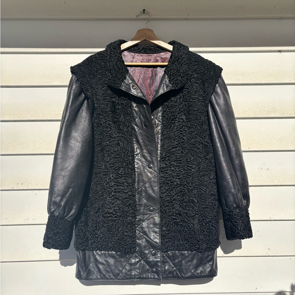 Vintage Black Astrakhan Leather Coat – Quilted Leather & Curly Lamb Trim